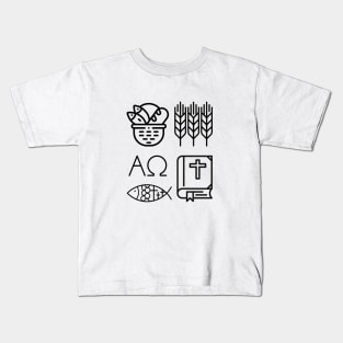 Black and White Christian Symbols Alpha, Omega, Wheat, Harvest, Bible, Fish, Bread Kids T-Shirt